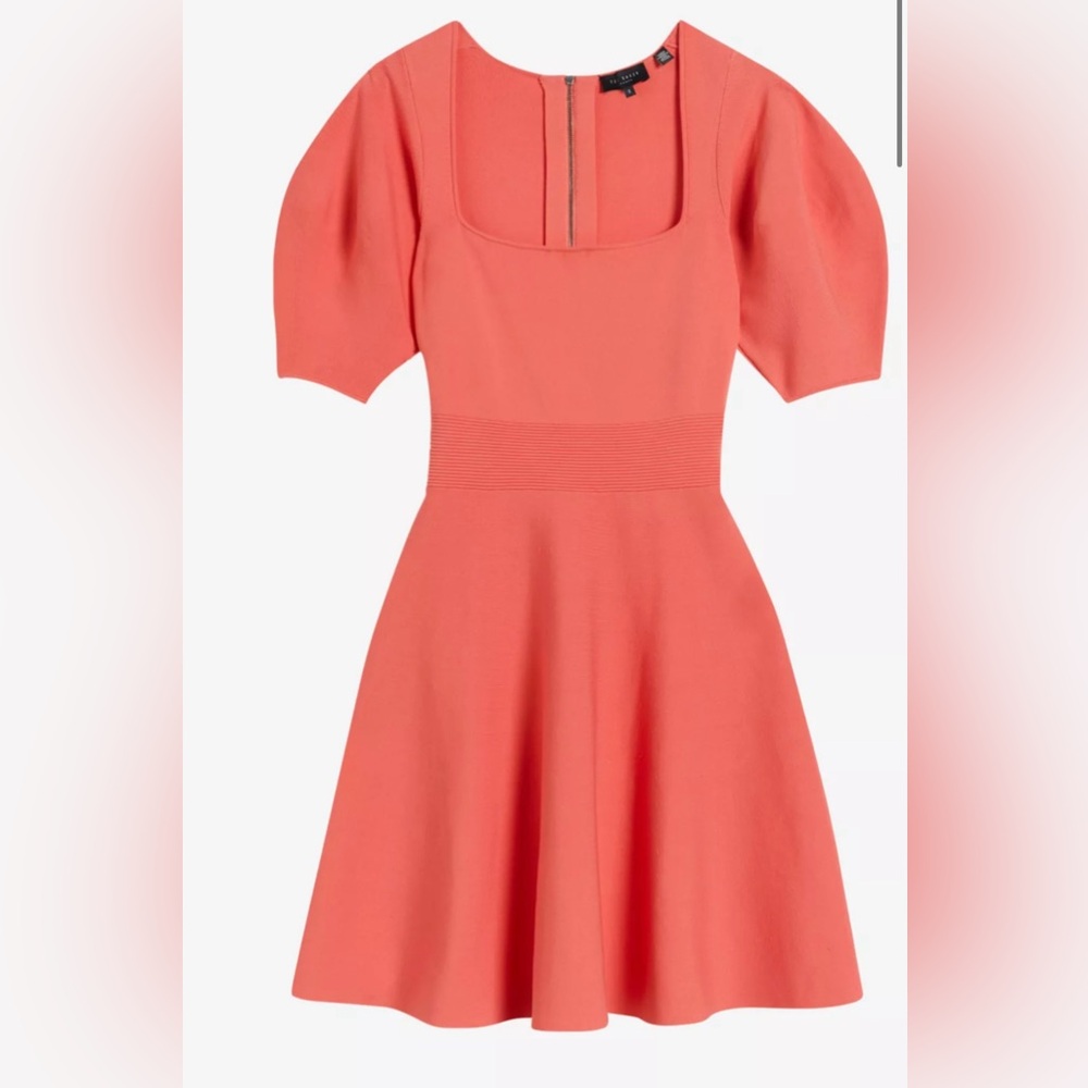 Ted Baker Hayliy Puff Sleeve Knit Skater Dress Coral Pink Back Sleeve Size 0